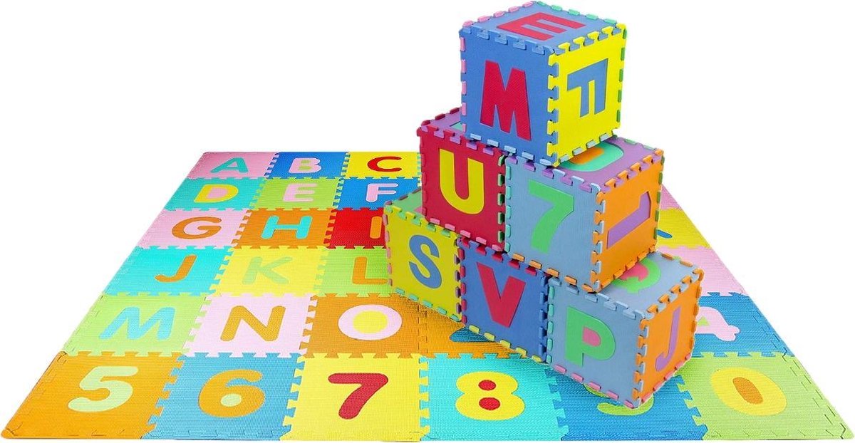 LifeGoods ABC speelmat XL puzzelmat schuim foam vloertegels met letters en cijfers 180x180