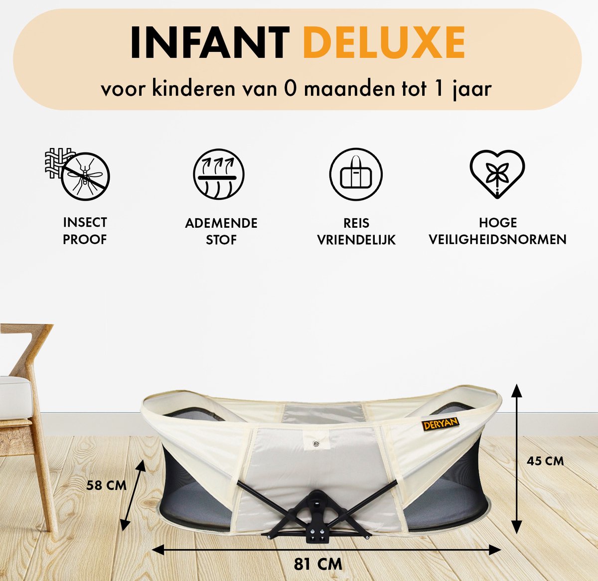 Deryan Infant Deluxe multifunctioneel campingbedje en babybox voor op reis - inclusief matras, klamboe en draagtas